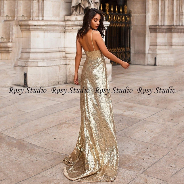 Sexy Plunging Neckline Gold Evening Dress Side Slit Sequin Prom Gown  Backless Spaghetti Straps Formal Long Party Dress Plus Size - Evening  Dresses - AliExpress