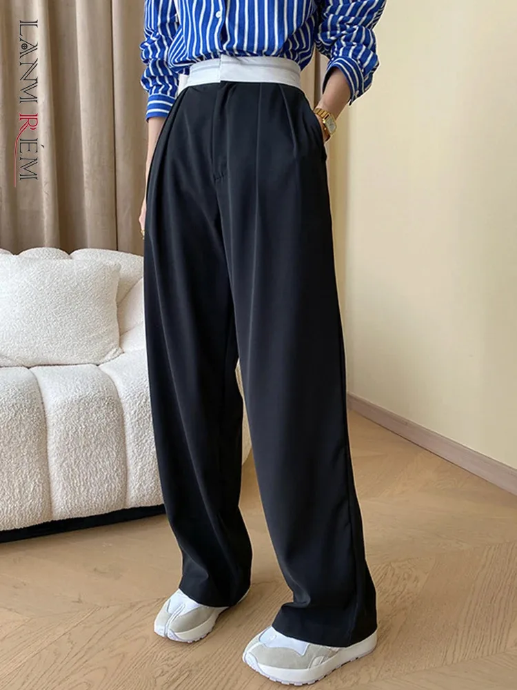 

[LANMREM] Contrast Color Pleated Pants For Women High Waist Office Lady Spliced Female Trousers Fashion 2024 Spring New 26D7944