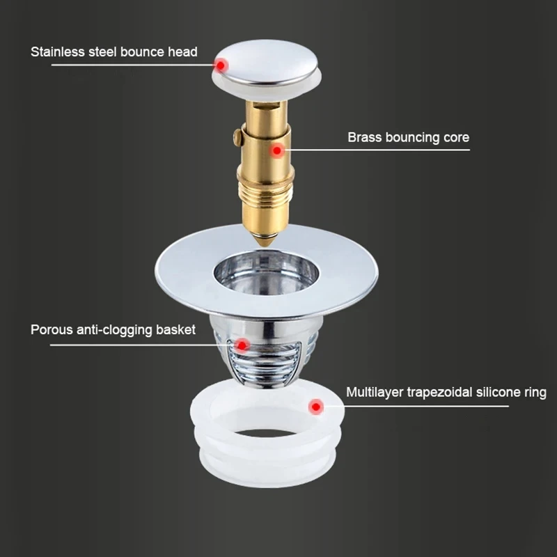 Bathtub Stopper Pop-up Bounce Core Drain Filter Hair Catcher Deodorant Steel