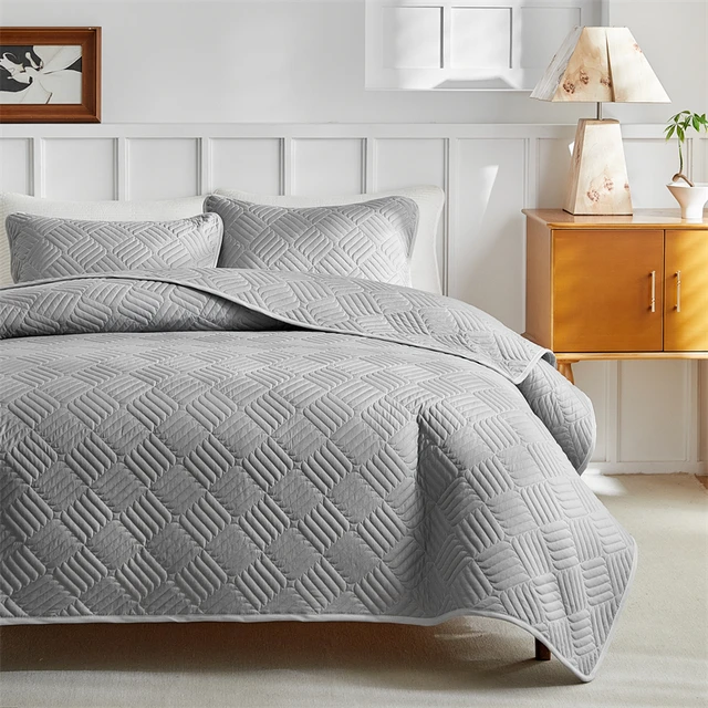 Quilted Bedspread Set Grey Beige Geometric Grid Pattern,Soft Polyester Thick Bed Cover+Pillowcase,Plain US Queen 264*229cm 3pcs 2