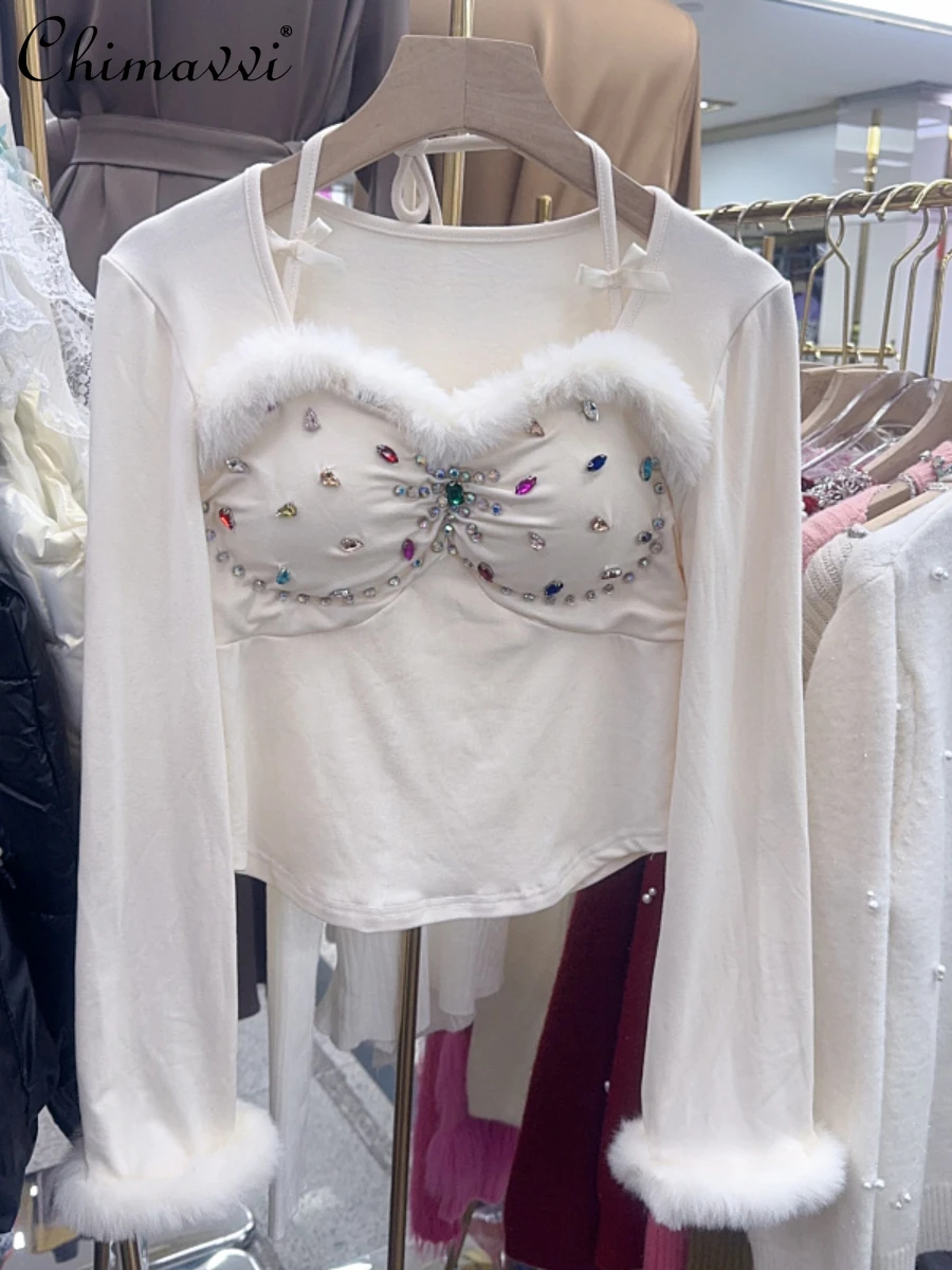 

2023 Spring New Fashion Sexy Halter Furry Sleeves Tees Tops Slim-Fit Graceful Long Sleeve All-Match Casual Bottoming T-shirt