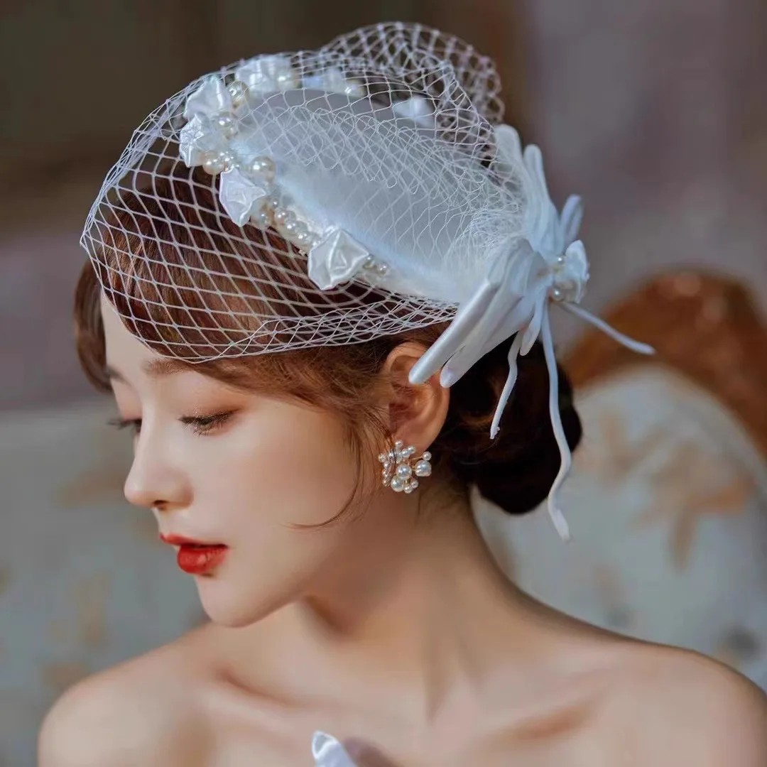 

Luxury satin pearl Bridal Headpiece Handmade Bowknot Bride Veil Fascinator Wedding Hair Accessories Party Chic Beret