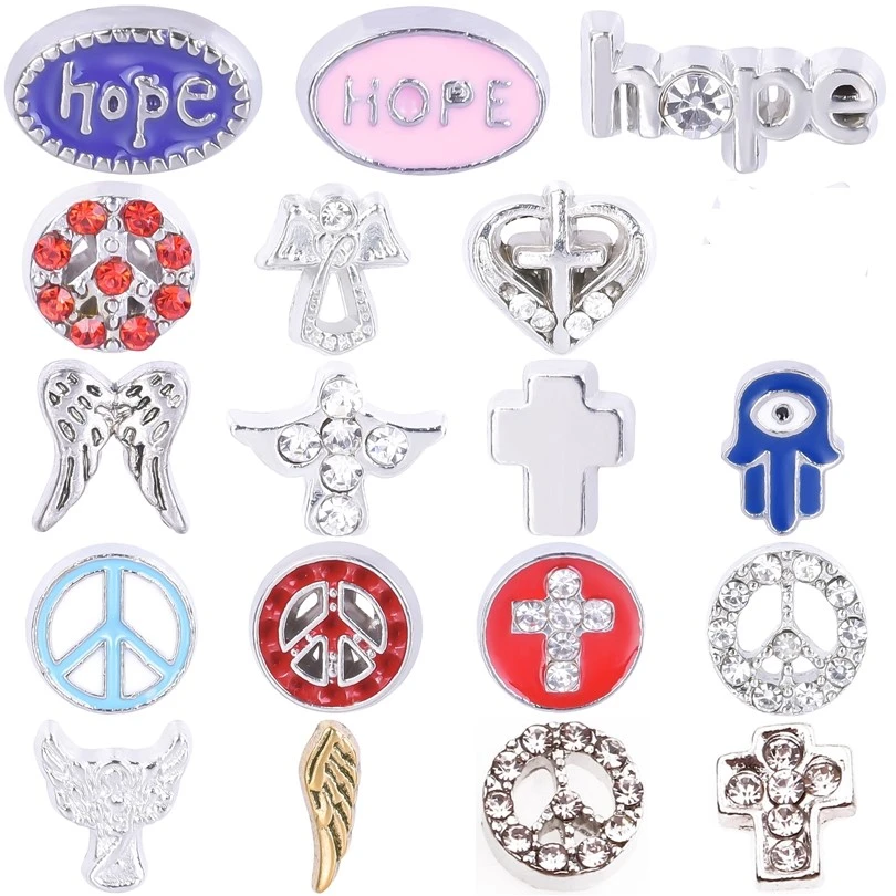 Colgante con símbolo de signo de la paz para mujer, Charms flotantes de ala de Ángel, esperanza, Cruz, mal de ojo, mano para medallón, collares, joyería a granel, 20 unids/lote| | -