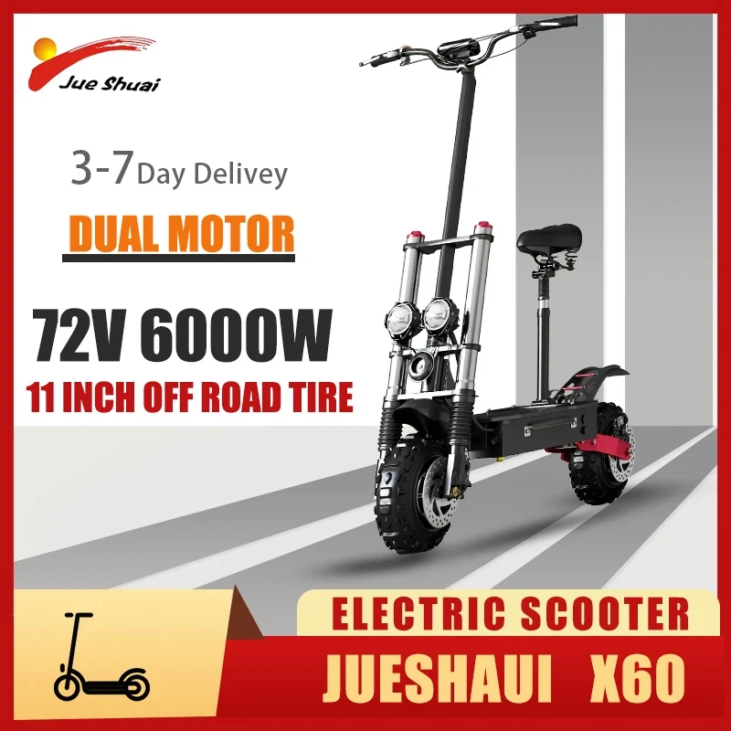 

Jueshuai Electric Scooter X60 72V 20AH Li-Battery 6000W Dual Motor 90KM/H Speed 11 Inch Off Road Tire 85KM Range электроскутер