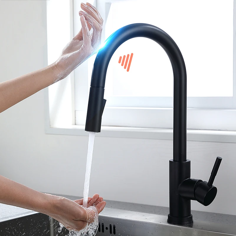 Robinet mitigeur de cuisine avec capteur tactile, accessoire intelligent,  inductif et sensible, à poignée unique + double sortie d'eau, modèle 1005J