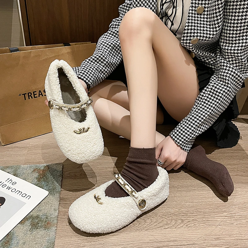 Aphixta Metal Chain Dec Slip On Flats Soft Fleeces Shoe Shallow Furry Flat With Women Loafers  Slip On Warm Winter Casual Shoes