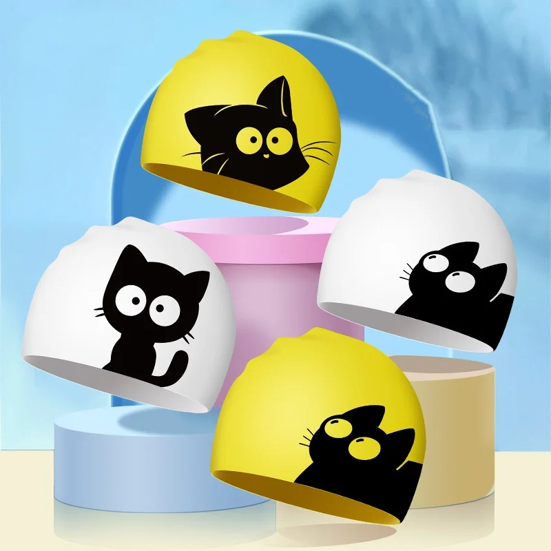 Cartoon Cat Print Children's Waterproof Silicone Swimming Cap Kid's Boys Girls Universal Ear Protection Swimming Hat Swim Cap 2