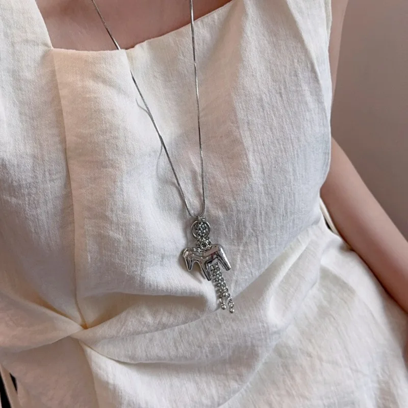 Minar INS Fashion, collana con ciondolo a forma di nappa con catena a forma di cavallo e superficie liscia, per donna, catena a serpente placcata in argento, lunga catena per maglione_voghion.com
