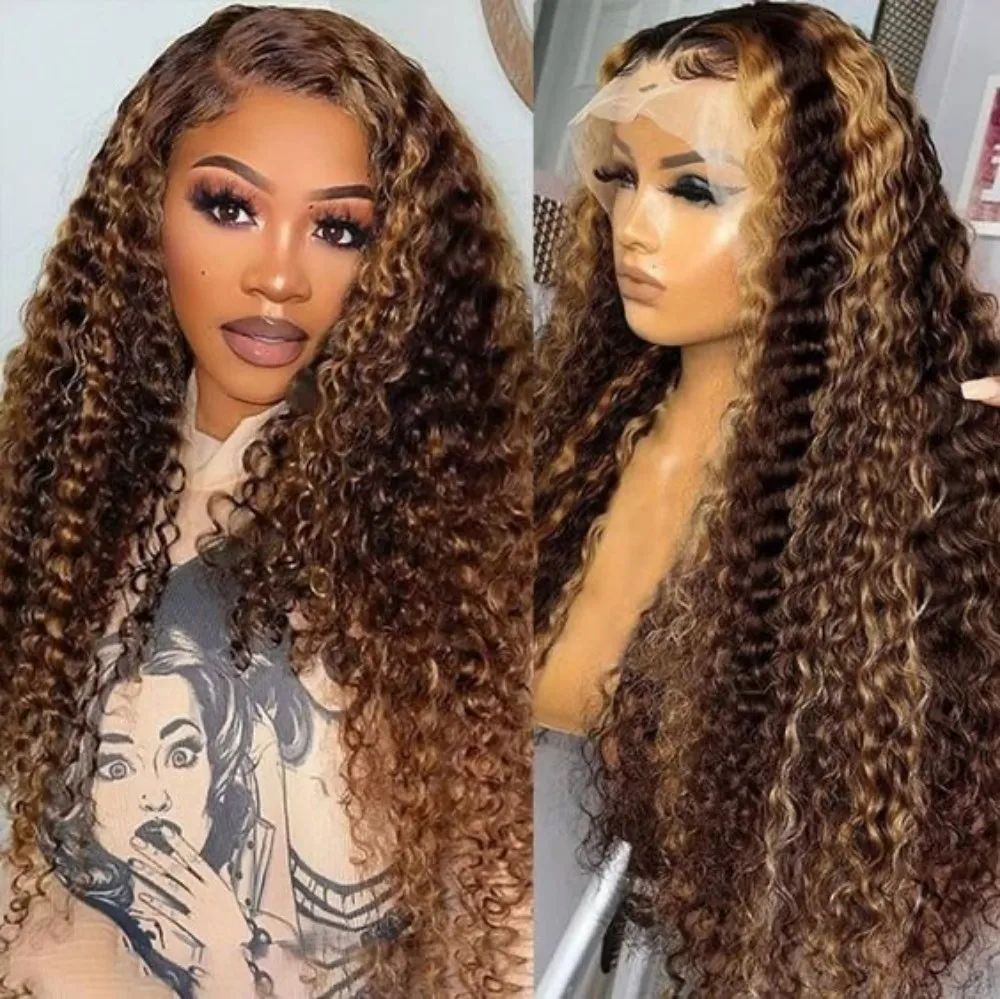 Highlight Curly Wig 13x4 Lace Front Human Hair Wigs For Women Glueless HD Deep Wave Lace Frontal Pre Plucked Wig 4/27 Colored 2