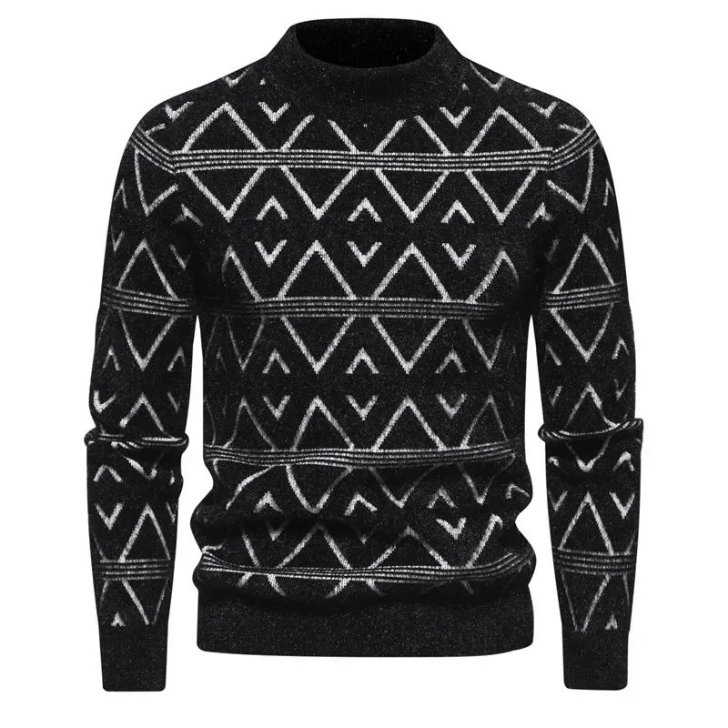 

Men's Autumn and Winter New Round Neck Sweater Stripe Print Warm Inner Layer Underlay Pullover Knit