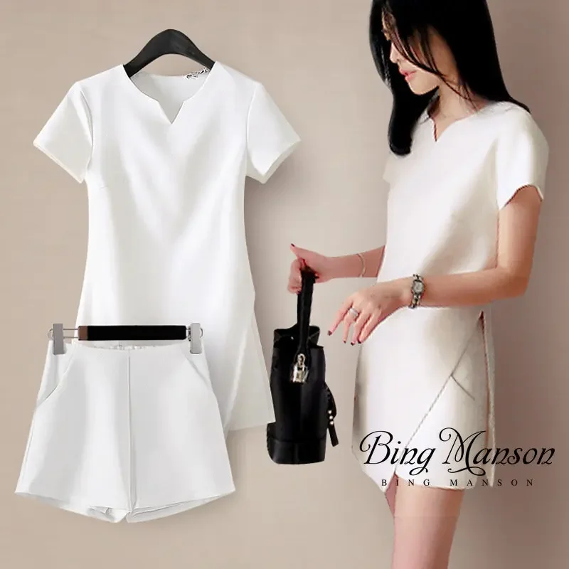 Women's Shorts Set Chiffon T-shirt Irregular Split Long Sleeve 2-Piece Set Women's Suit Suit and Shorts Breathable Street Wear