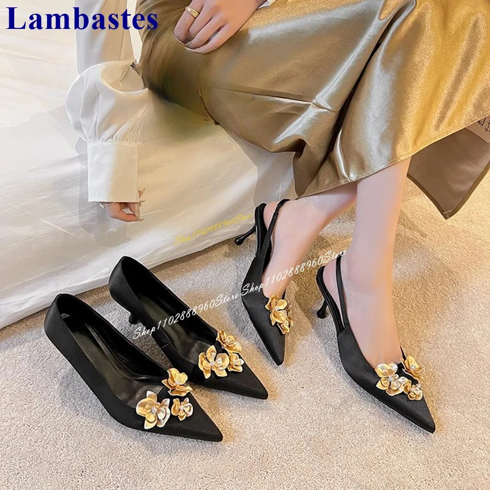 

New Trending Black Satin Shallow Floral Pumps High Heel Shoes For Women Slip On Pointed Toe 2024 Fashion Zapatos Para Mujere