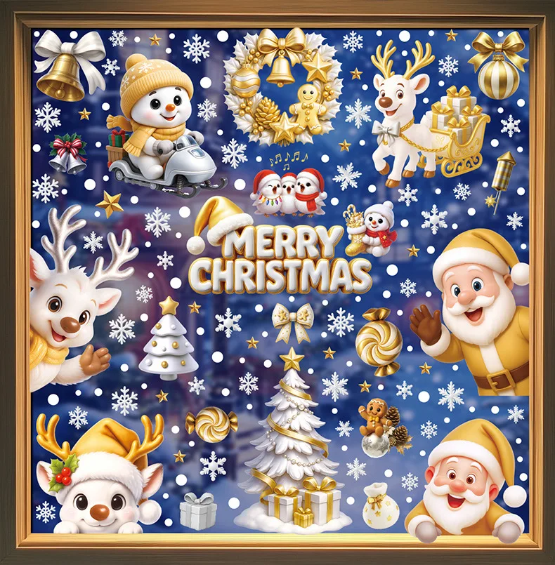 Set of 4 Christmas Static Cling Stickers Gold Reindeer Snowman Snow House Wreath Window Decals Complete Holiday Decorations Kit