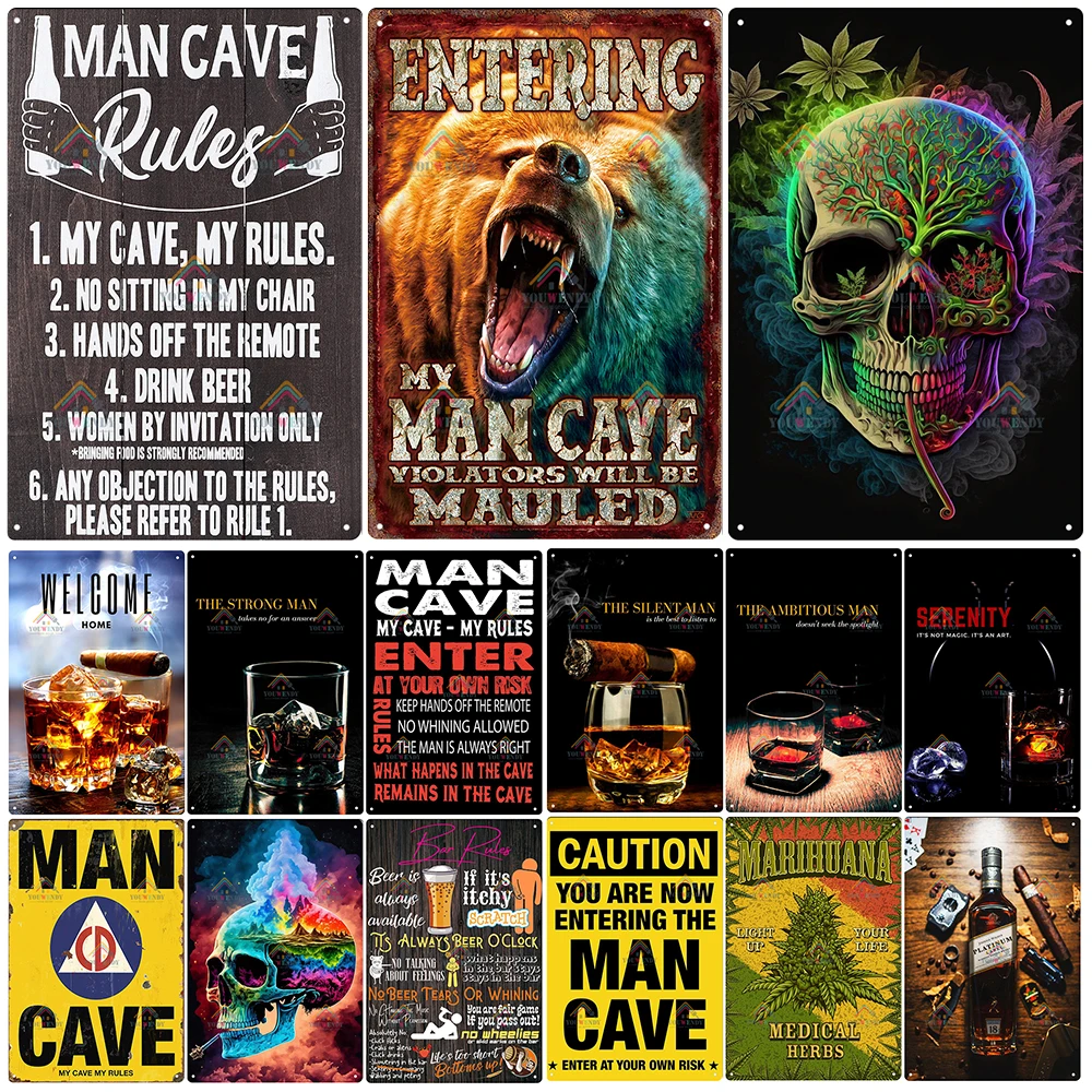 

My Man Cave My Rules Tin Sign, Cigar, Whiskey, Retro Plaque, weed Skull, Metal Plate, Vintage Decor for Man Cave, Bar, Home