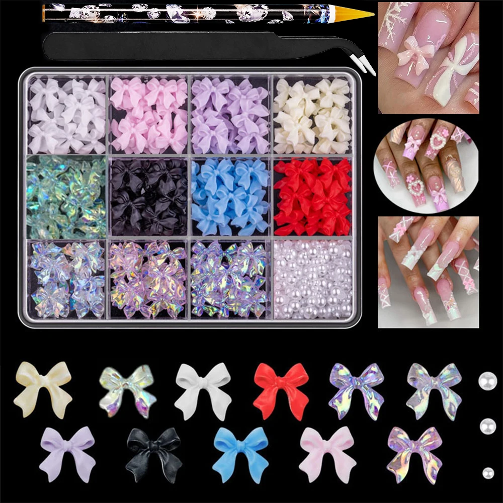 12Grids/Box Mixed Resin Bowknot Nail Charms 3D Colorful Bow Kawaii Rhinestone Nail Art Decorations DIY Manicure Parts Pen Tweeze 2