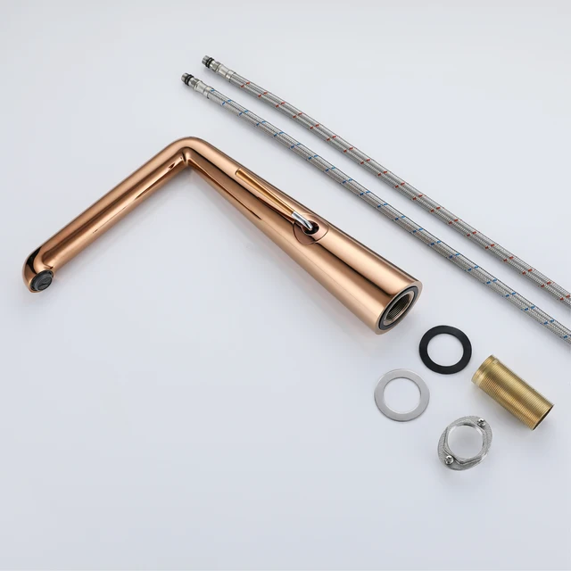 ก๊อกน้ำห้องน้ำหรูหราทันสมัยสีโรสโกลด์แบบรูเดียวพร้อมวาล์วเซรามิก โครงสร้างทองเหลืองแท้ น้ำร้อนและน้ำเย็น 6