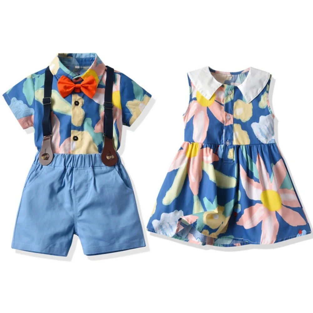 

Twins Clothes For Sister And Brother Matching Outfit Sweet Flower Printed Dress Kids Girl Dresses Gentleman Baby Boy Set Clothes