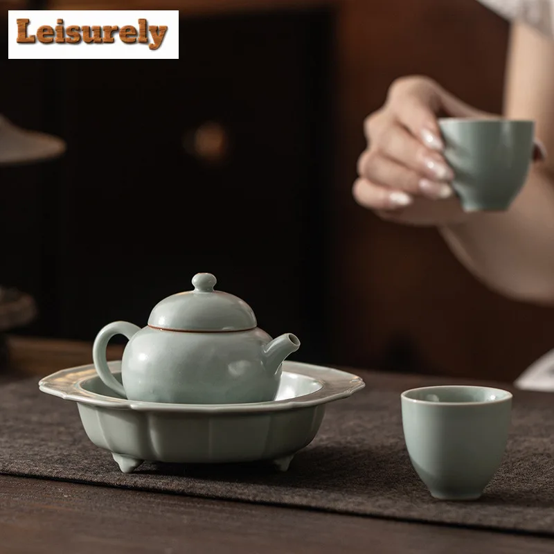 Azure Ru Kiln Tea Set Complete Set Aesthetic Tea Ceremony Set Household Tea Brewing Teapot And Tea Cup Set For Tea Collection