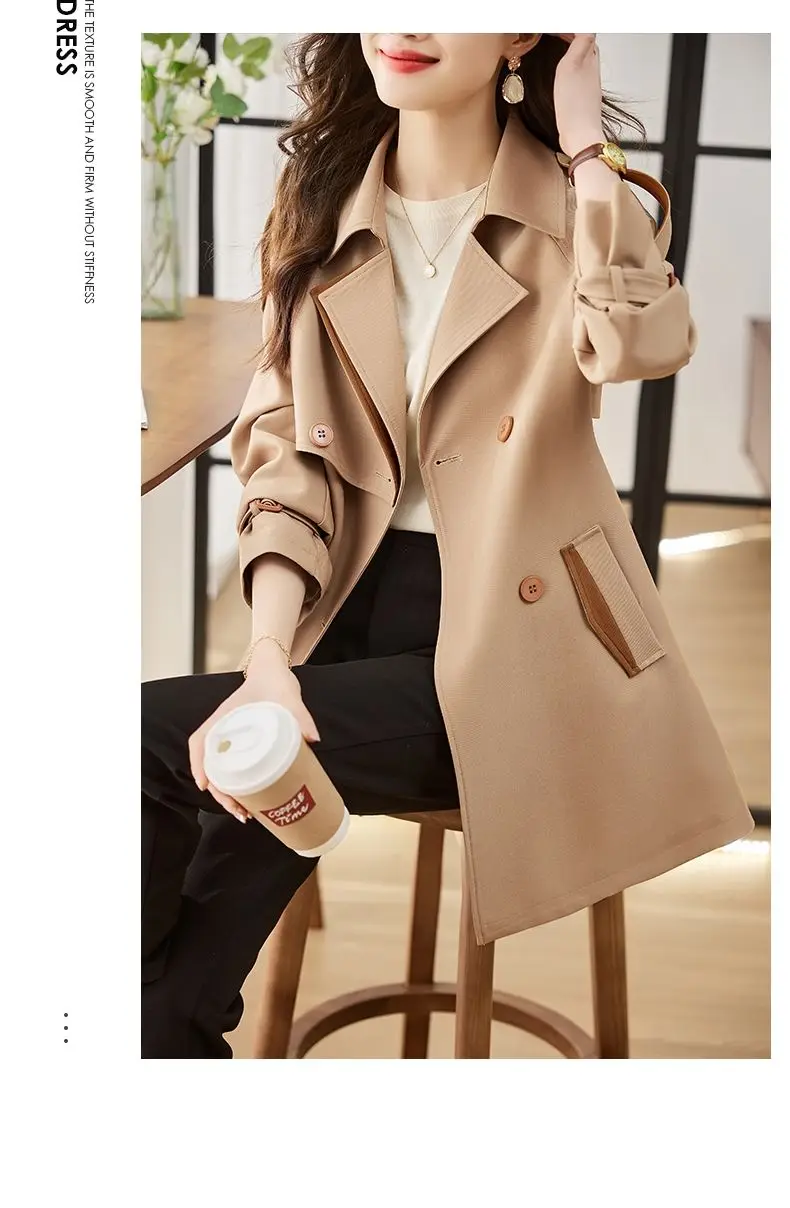 Solid Mid length Trench for Women Fall Winter 2023 New Vintage Turn Down Collar Long Sleeve Jacket Loose Double Breasted Coat