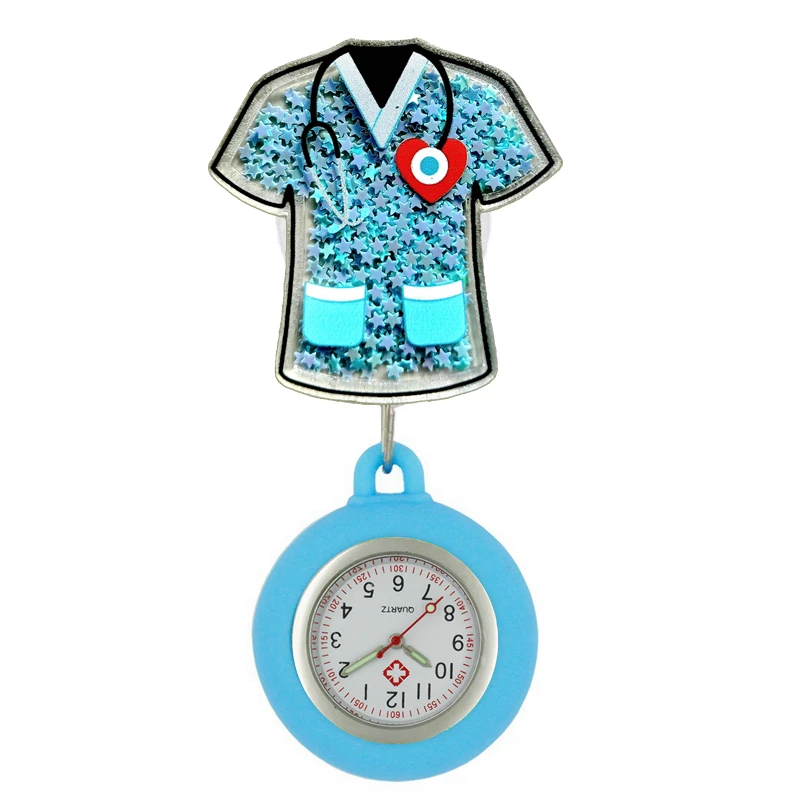 Sliding Shiny Stars Plastic Retractable Hospital Medical Icons Heart Nurse Doctor FOB Pocket Watches Clip Hang Medicine Clock pocket watch