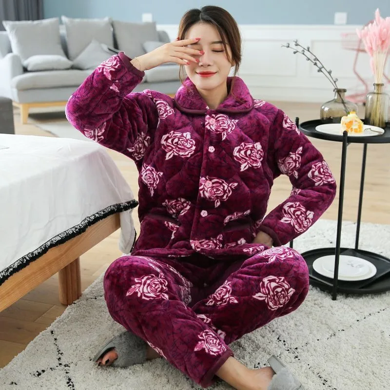 2023 New Pajama Women Winter Three-layer Thick Flannel Loungewear Cute Large Size Warm Middle-aged Cotton Warm Household Clothes