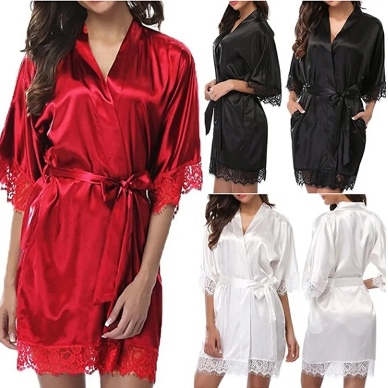 Women Night Gown Robe Lace Bathrobe Nightgown Halt Sleeve Night Mini Dress Lace Sexy Sleepwear Dresses Belt