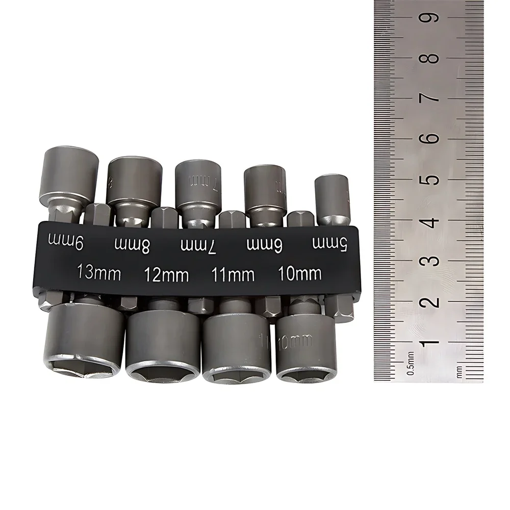 9 Pcs/Set 1/4” Hex Shank Magnetic Power Impact Nut Driver Set 5-13mm Hexagonal Shank Hex Nut Socket Professional Grade Socket