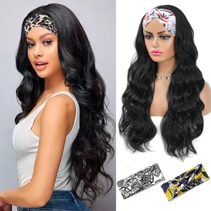 Women's Headband Wig Body Wave Wigs with Headband Deep Water Wave Curly Fake Hair Wig Straight Synthetic Wigs for Black Women