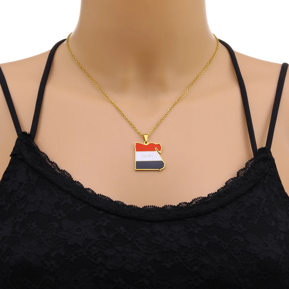 Arab Republic of Egypt Map Flag Pendant Necklace Stainless Steel Africa Men Women Gold/Steel Color Country Map Jewelry Gift