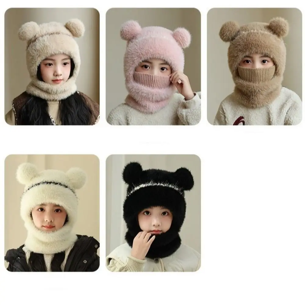 Coldproof Scarf Mask Integrated Hat Warm Lining Cartoon Children Windproof Hooded Hat 4 in1 Neck Warmer Windproof Hood
