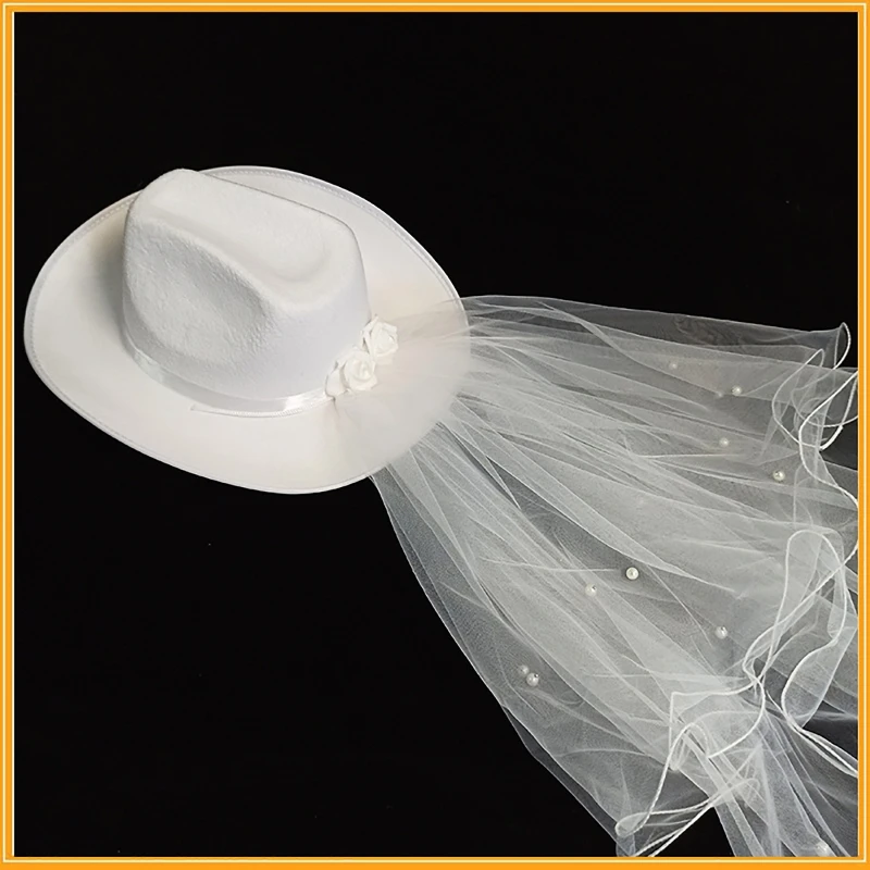 Women Bride Cowgirl Hat Wide Brim Bridal Western Style Shinning White Fedora Hat for Wedding Party Photoshoot Supplies