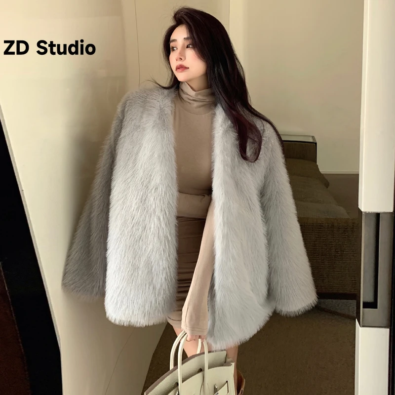 

Женское плюшевое пальто [ZD Studio], Свободное пальто средней длины с имитацией лисьего меха, Корейская версия, Осень-зима 2023