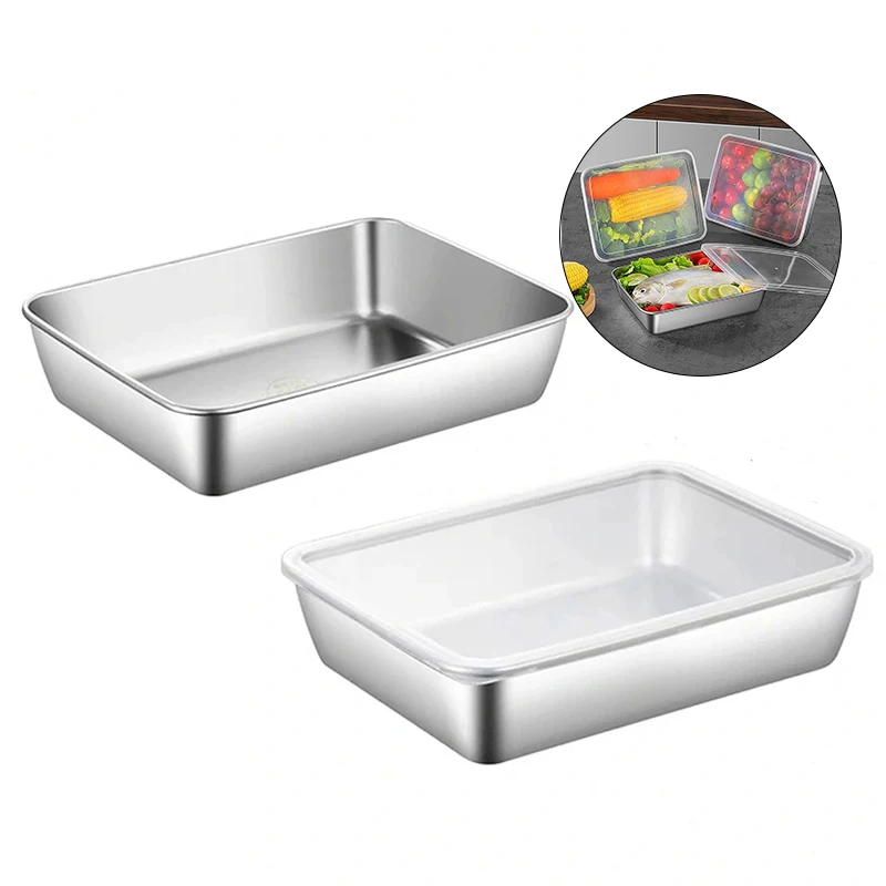 

1Pc Stainless Steel Square Plate With Lid Rectangular Food Storage Pan Commercial Dish Tray Large Refreshing Lunch Box Container