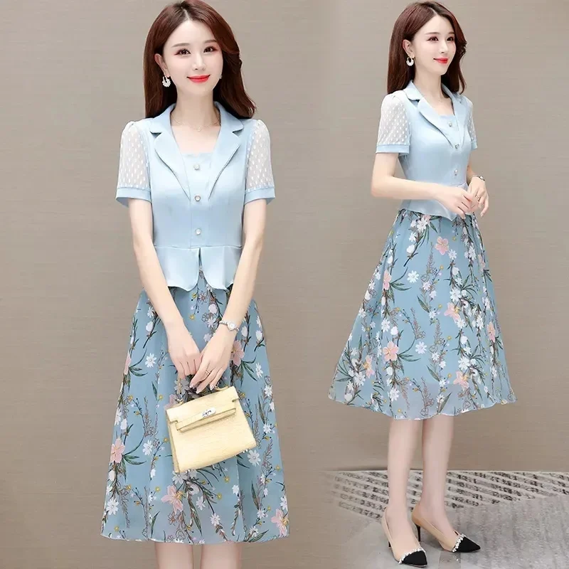 

Fake Two Piece Dress Chiffon Dress Female 2023 New Summer Fashion Slim Stitching Short Sleeve Dress Mother Print A-Line Dress