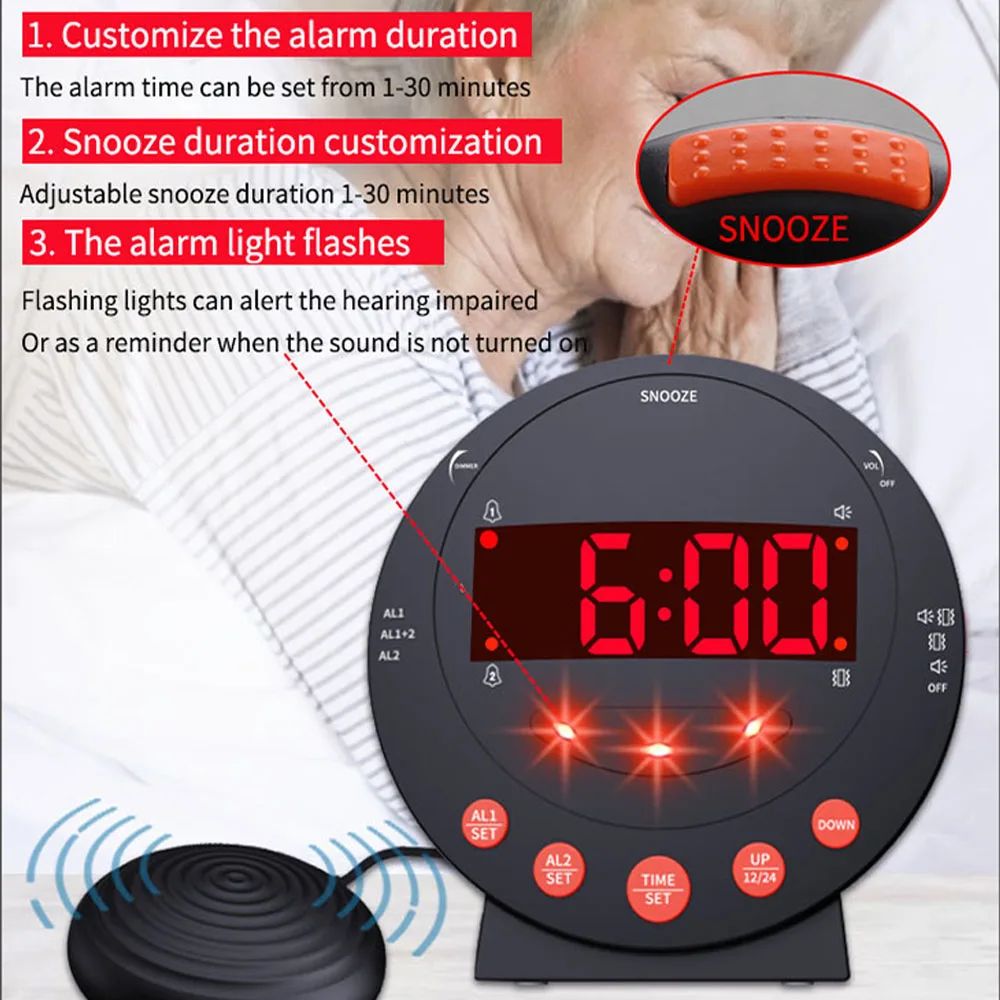 TS-BC600 Loud Vibrating Alarm Clock With Bed Shaker Flash Light Brightness Adjustable Black Dual Alarm Setting USB LED Display 3