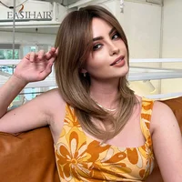 EASIHAIR Brown Layered Medium Length Synthetic Wigs with Long Bangs Natural Short Hair Wig for Women Daily Party Heat Resistant 5