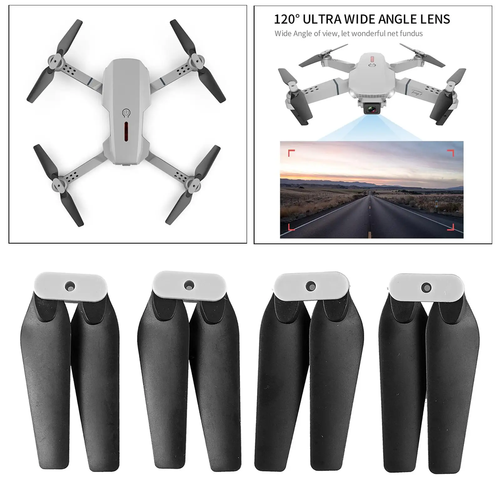 Hélices pliables E88 Pro en position de rangement, sur fond blanc