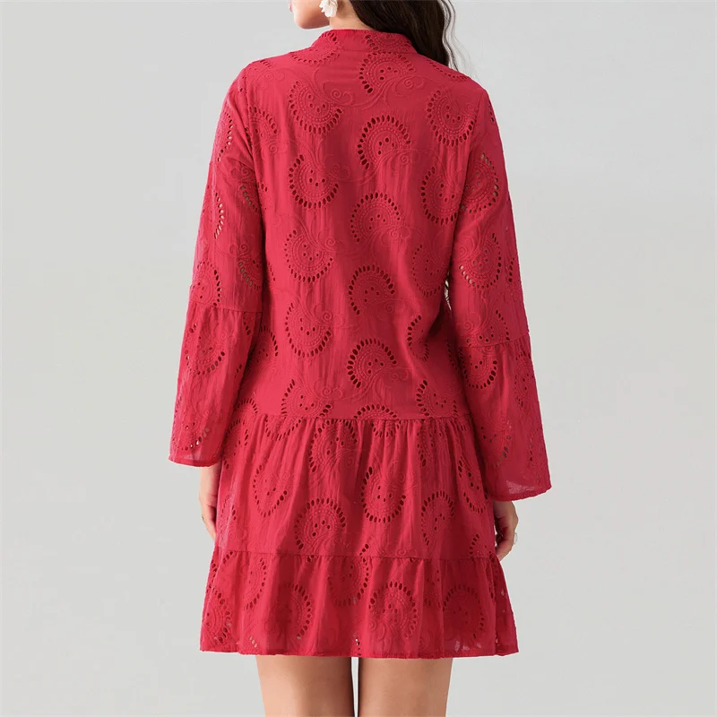 Beach Dress Women Embroidery Lace Eyelet Hollow Out 3/4 Sleeve Single Breasted Mini Dress y2k Vacation Dresses