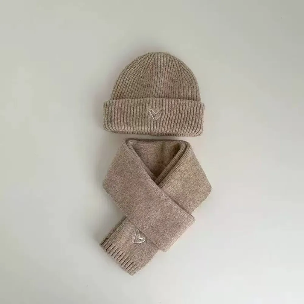 Love Heart Embroidery Knitted Hat Scarf Set Thickened Korean Style Winter Pullover Cap Anti-cold Solid Color Neck Warmer Set