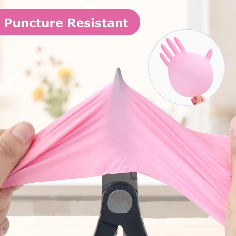 Gants nitrile jetables taille XS à L, vue de face avec emballage.