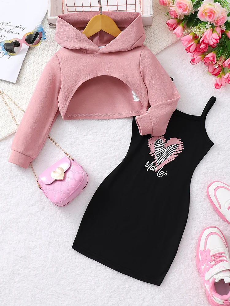 Autumn And Winter Girls’ Trendy Daily Casual Sweet And Cute Casual Fashion Cute Long Sleeve&Strap Skirt Two Piece Set