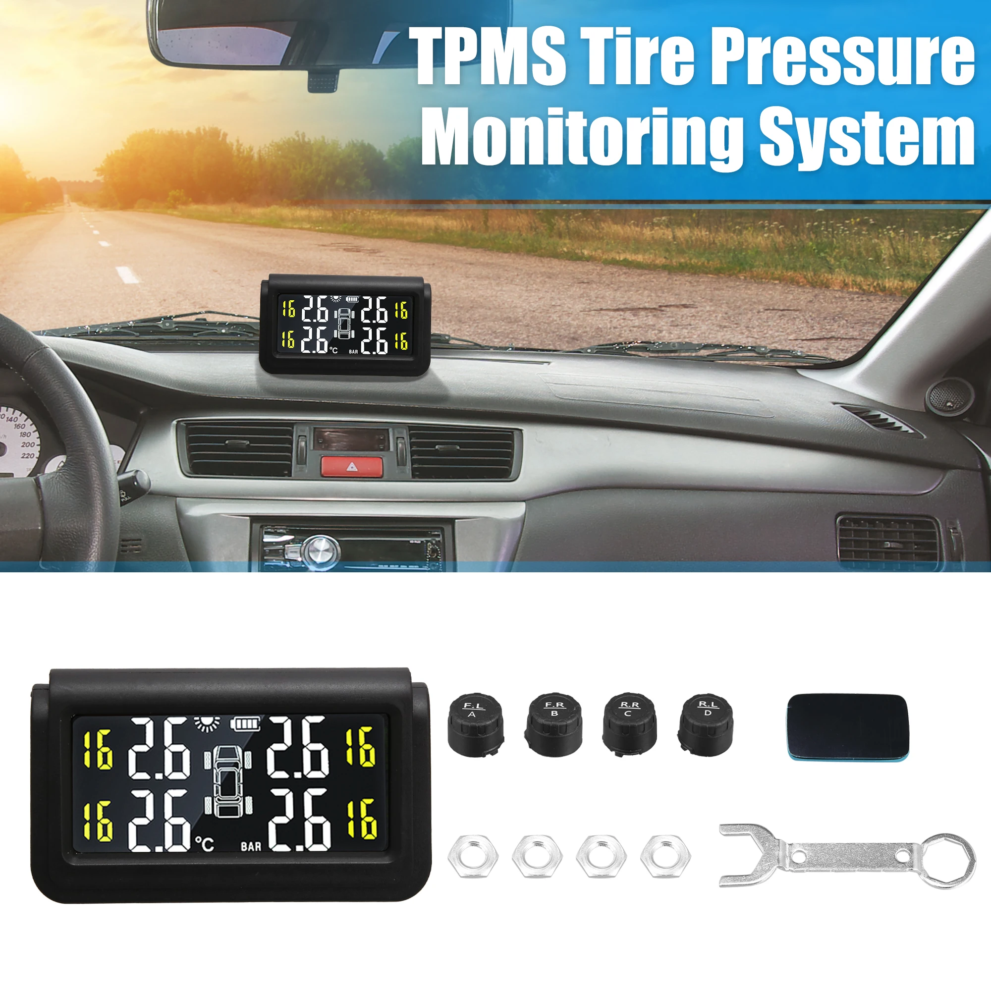 

X Autohaux Tire Pressure Monitoring System Kit Cars Auto Alarm Modes Solar Power Smart Real Time Anti Theft External TMPS Sensor