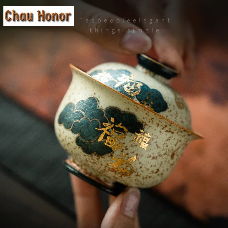 100ml Blue And White Flint Red Gaiwan Handmade Gold Drawing Auspicious Clouds Tea Tureen Tea Making Cover Bowl Cafes Decoration