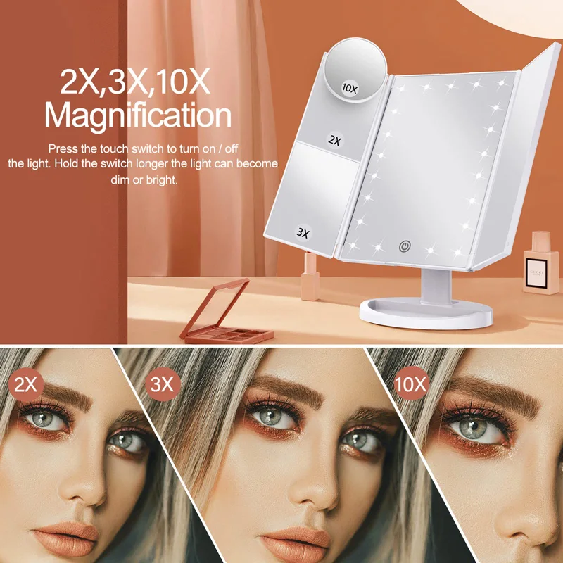 휴대용 접이식 LED 메이크업 미러, 터치 스크린, 360 ° 회전 터치 컨트롤, 디밍 메이크업 미러, 3 톤 라이트