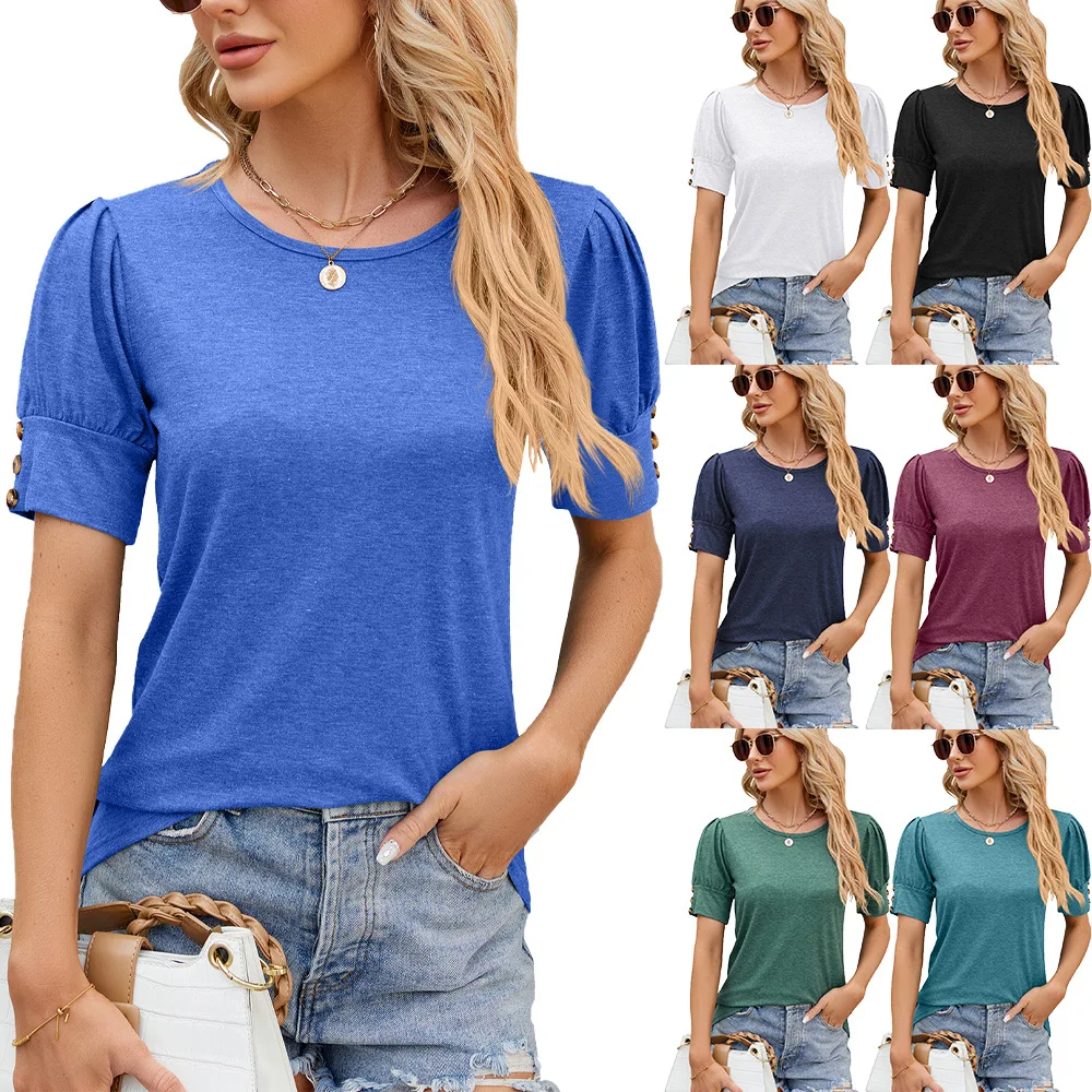 

Spring/Summer Women's Loose Button Decorative Short Sleeved T-shirt