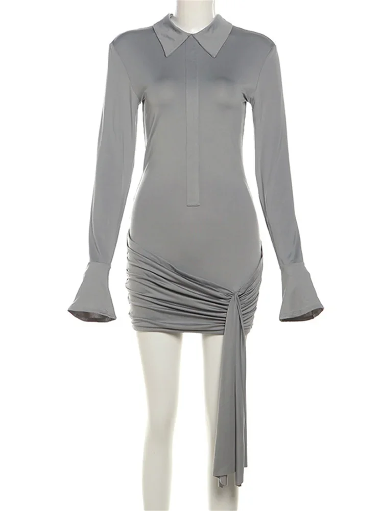 Mini Dress Girls Dress Women Pleated High Waist Long Sleeve Lapel Tassel Lace-Up