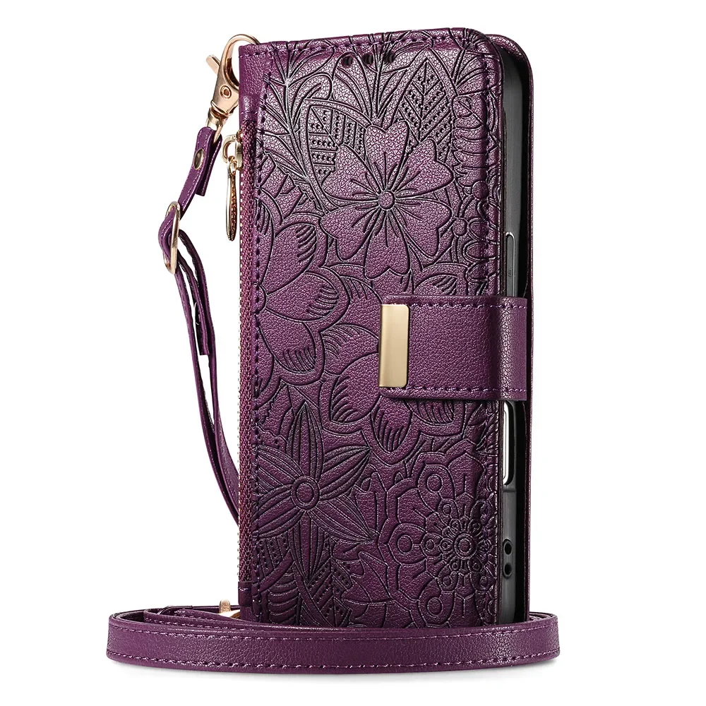 Zipper Wallet Flip Case with Card Holder and Wrist Strap
