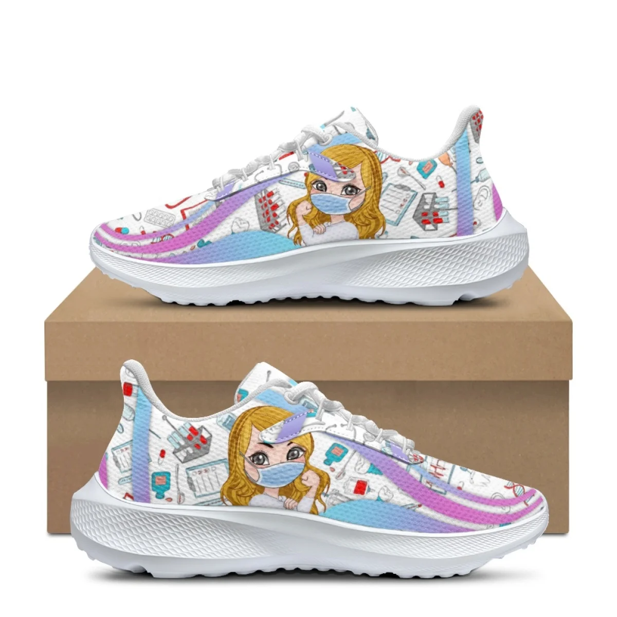 

Модные градиентные Мультяшные кроссовки с принтом медсестры, повседневные женские кроссовки на шнуровке для улицы, Удобная нескользящая обувь