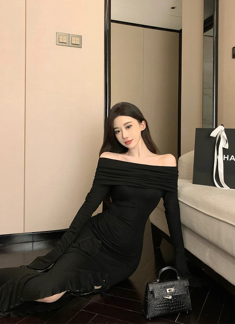 Sexy Bodycon Evening Dresses for Women Long Sleeves Slash Neck Ruffles High Slit Slim Korean Fashion One Piece Vestidos Mujer