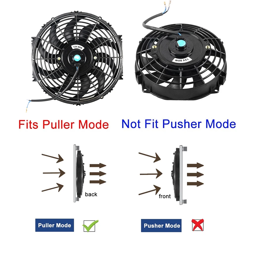 Universal Slim Fan Push Pull Electric Radiator Fan Air-Sucking Type Cooling & Mounting Kit 7 9 10 12 Inch 12V 80W 2100RPM